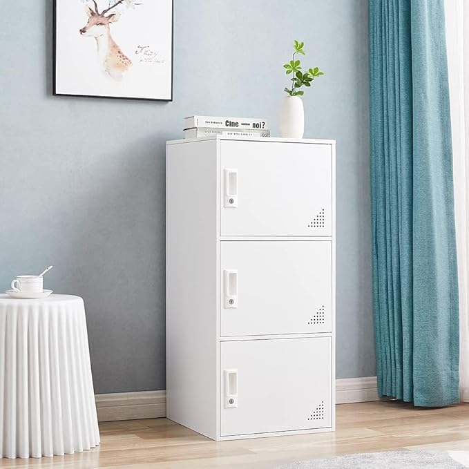 Student Locker Organizer, Multi-Door Steel Locker, Small Locking Cabinet Storage Organizer, Office File Cabinet, Home Locker, Gym Locker, Metal Storage Locker (3 Door, White)
