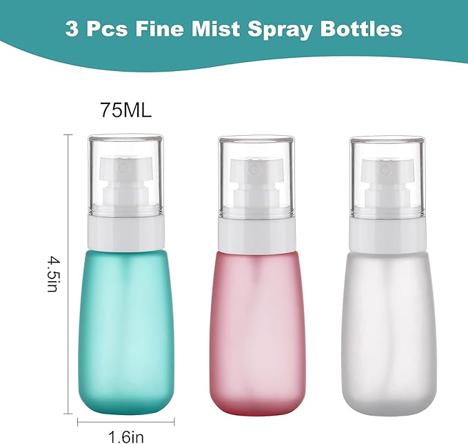 Travel Spray Bottles TSA Approved 3 Pack (2.5oz/75ml) –Leak Proof Fine Mist Refillable Empty Plastic Spray Bottles for Perfume, Essential Oils, Toners, Hair & Face Mist(75 ml)