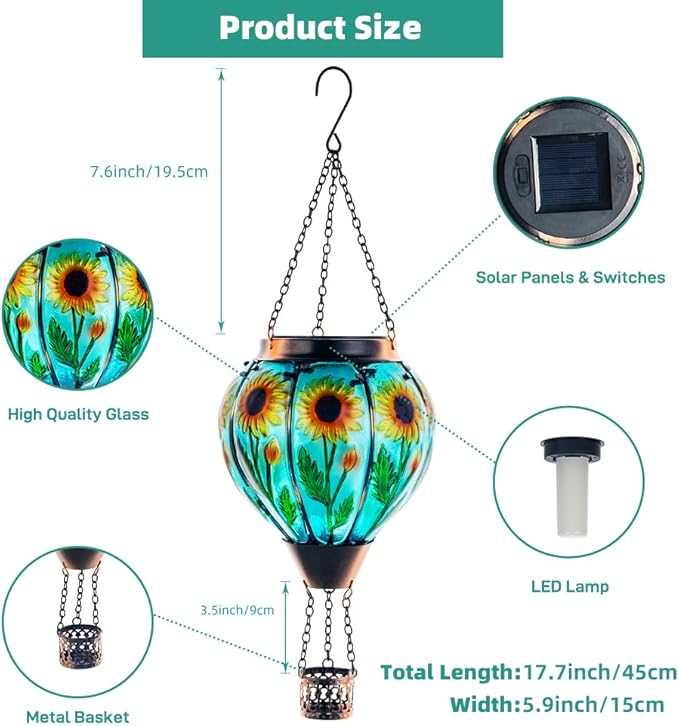 Starsoul 2 PC Sunflowers Hot Air Balloon Solar Lantern with Flame Glass Hanging Outdoor Hot Air Balloon Solar Light Waterproof Garden Patio Yard Party Decorations