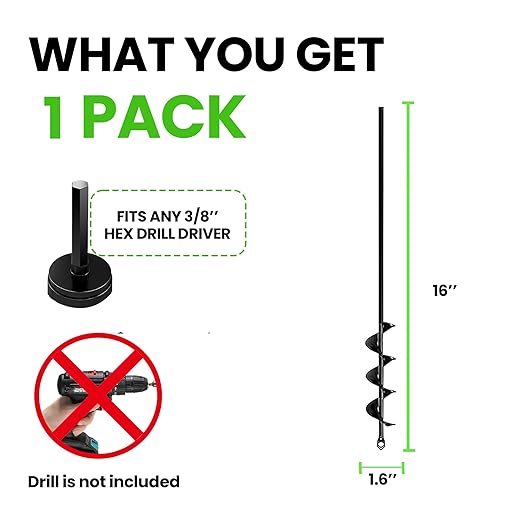K-Brands Auger Drill Bit for Planting – 1.6 x 16 Inch - Garden Spiral Hole and Bulb Planter Tool for Umbrella Holes - Compatible with 3/8 Inch Hex Drive