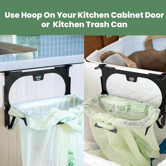 Hoop Metal Compost Bag Holder + 25 Compost Bags 3 Gallon, Clips to Kitchen Trash Can, Kitchen Cabinet Door, Replaces Countertop Compost Bin, Hanging Trash Can.