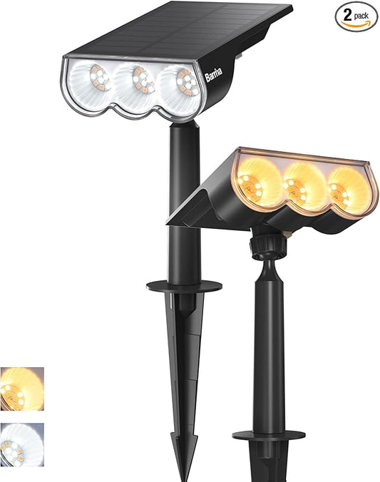 Barrina Solar Spot Lights Outdoor, 2-in-1 6500K & 2700K,360° Adjustable,3 Lighting Modes Solar Lights Waterproof, Auto On/Off 36 LEDs Landscape Spotlights for Garden Patio Yard Pool, 2 Packs