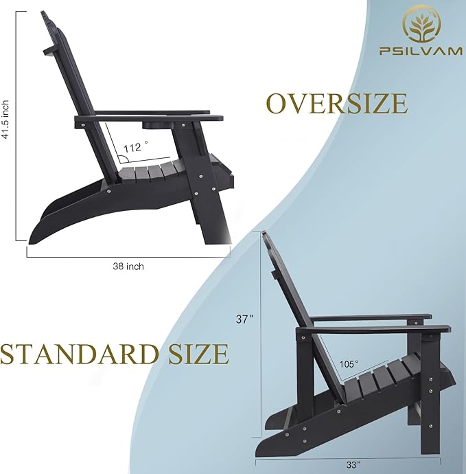 Psilvam Classic Adirondack Chair, Standard-Sized Poly Lumber Fire Pit Chair, 350Lbs Support Weather Resistant Patio Chairs for Garden, Party, Beach(Black)