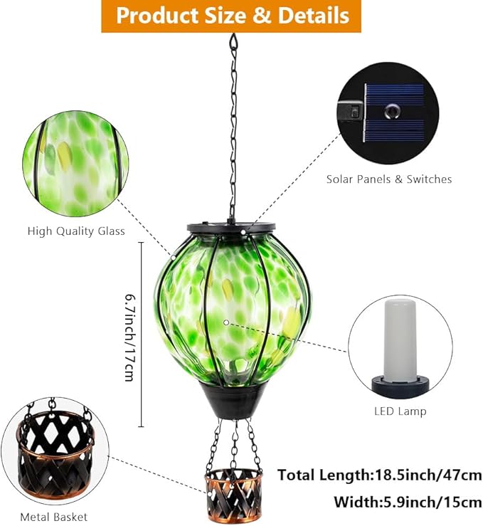 Solar Hot Air Balloon Lantern with Flame Flickering,Glass Hot Air Balloon Solar Lantern Outdoor Waterproof Hanging Outdoor Light for Patio Yard Garden Decor,Mother Day Gifts for Women(Green)