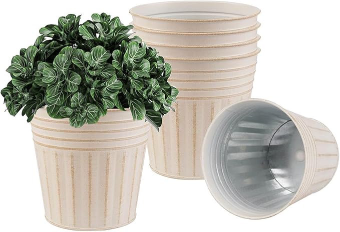 vensovo 5 Inches Beige Metal Rustic Flower Pots - 6 Pcs Small Galvanized Planters with Drainage Hole and Rubber Plug, Rustproof Tin Bucket Plant Pot Farmhouse Vintage Style for Decor
