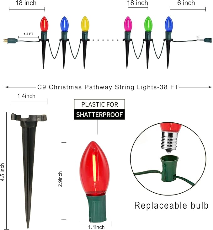 C9 LED Christmas Pathway Lights, 38FT Multi-Color Christmas Pathway String Lights with 25 Multi-Color LED Light Bulbs and Stakes for Outdoor Walkway Driveway Backyard Christmas Decorations