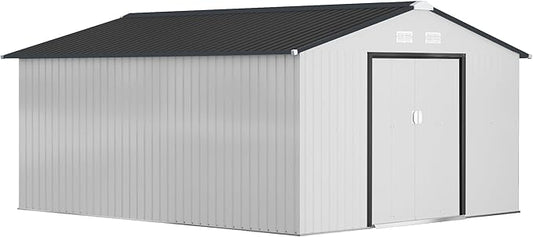 Outsunny 11' x 13' Outdoor Storage Shed, Garden Tool Metal Shed with Foundation Kit, Double Lockable Door, Air Vents and Sloping Roof, for Backyard, Patio, Lawn, White