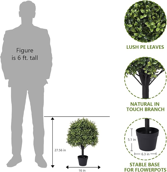 27“ Realistic Artificial Boxwood Topiary Trees Set of 2, Faux Boxwood Plants Outdoor UV-Resistant, No Maintenance Curb Appeal Fake Evergreen Bushes & Shrubs for Front Porch Outside Planter Decor