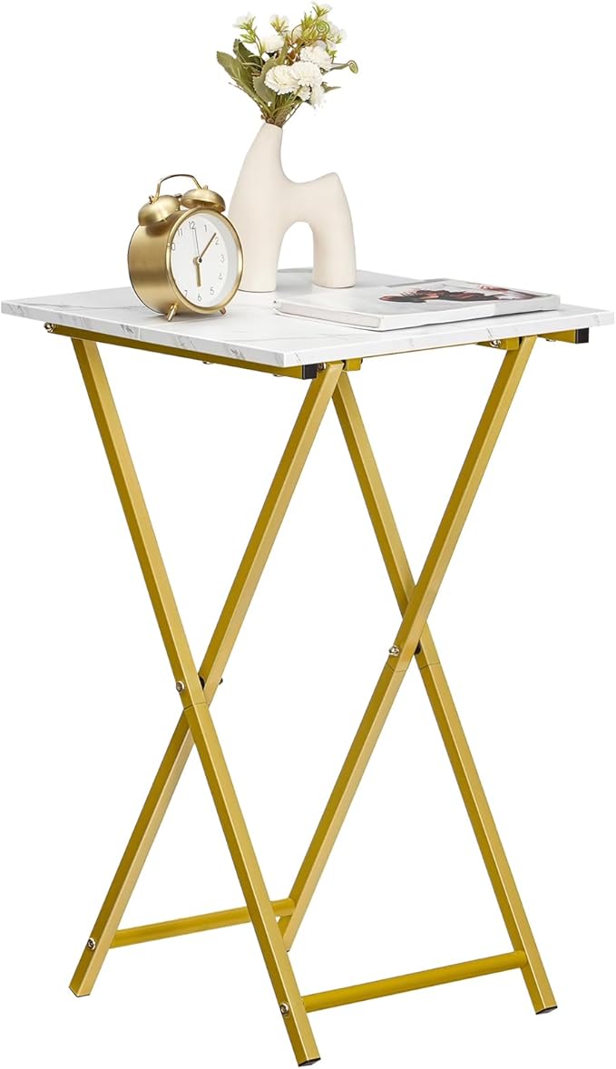 HOOBRO Folding TV Tray Table, Wooden TV Tray, Portable Sofa Side Snack Table, Industrial Desk for Small Spaces, Space-Saving, Easy to Install and Fold, Marble and Gold DM27BZ01