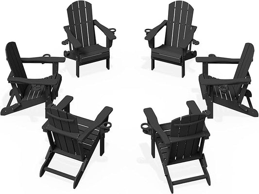 KINGYES Folding Adirondack Chair Set of 6, Dual Cup Holders & All-Weather HDPE, Wood-Like Patio Chair for Backyard, Camping, Pool & Fire Pit, Black