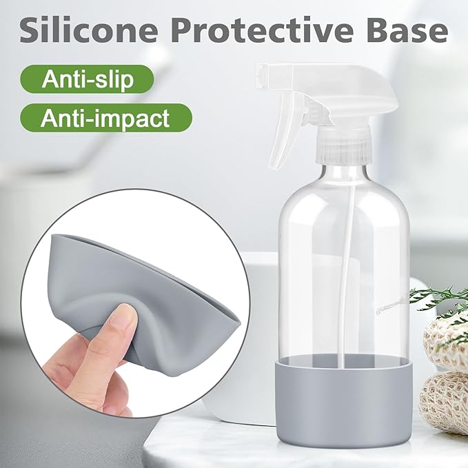 Glass Spray Bottles with Silicone Sleeve Protection, Empty 16 oz Refillable Containers, Reusable Spray Bottles with Adjustable Nozzle for Hair, Cleaning Solutions, 3 Pack Grey&Blue&Purple