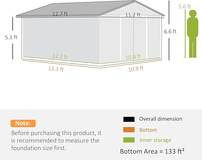 Outsunny 11' x 13' Outdoor Storage Shed, Garden Tool Metal Shed with Foundation Kit, Double Lockable Door, Air Vents and Sloping Roof, for Backyard, Patio, Lawn, White