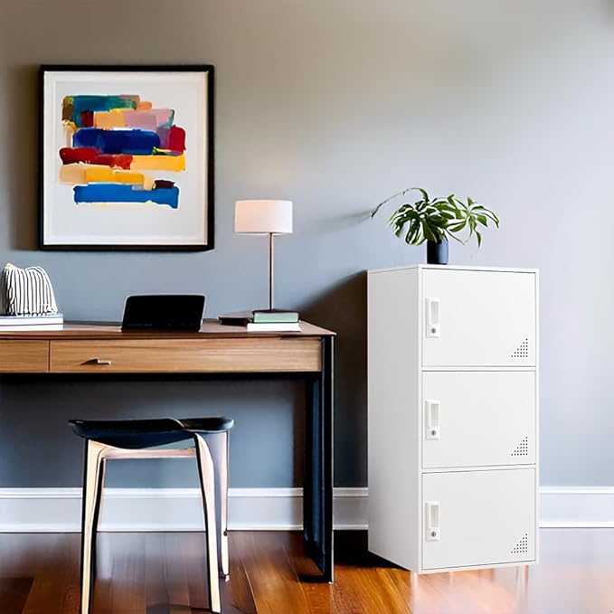 Student Locker Organizer, Multi-Door Steel Locker, Small Locking Cabinet Storage Organizer, Office File Cabinet, Home Locker, Gym Locker, Metal Storage Locker (3 Door, White)