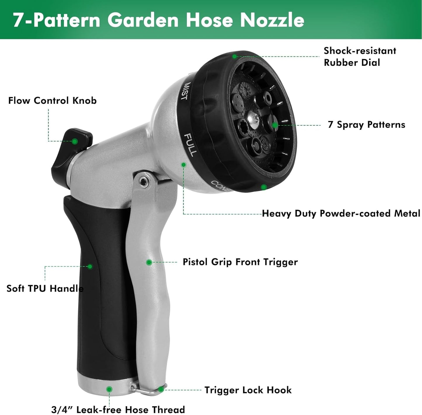RESTMO Garden Hose Nozzle, Heavy Duty Metal Water Nozzle with 7 Adjustable Spray Patterns, High Pressure Hand Sprayer with Flow Control, for Watering Plants & Lawns, Washing Cars & Pets, Black