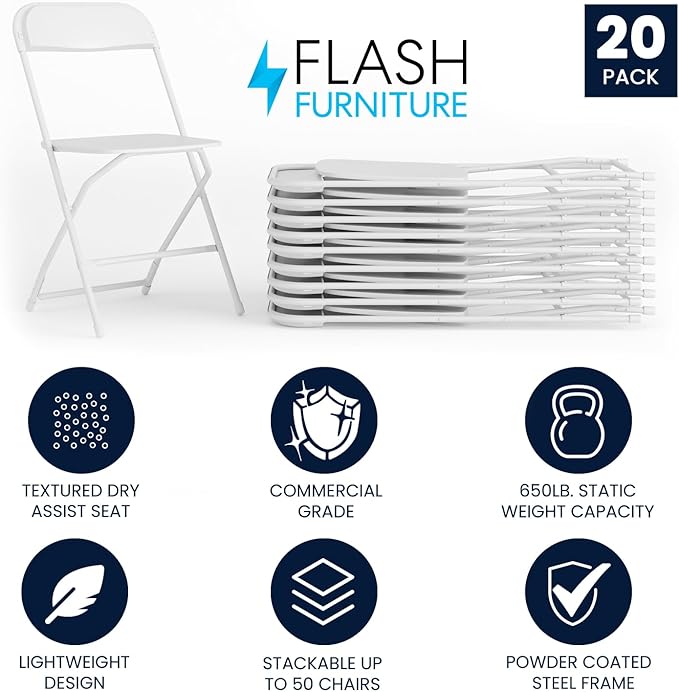 Flash Furniture Hercules Series Plastic Folding Chair - White - 20 Pack 650LB Weight Capacity Comfortable Event Chair-Lightweight Folding Chair