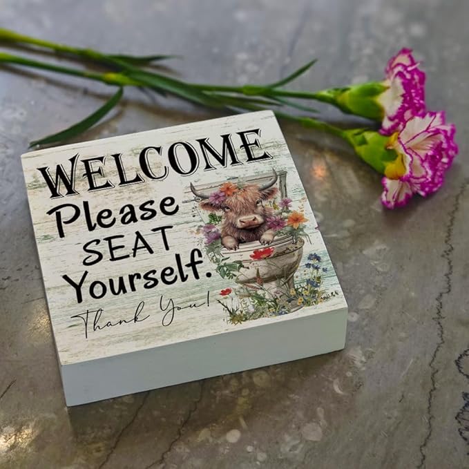 Funny Highland Cow Please Seat Yourself Bathroom Home Décor Sign Farmhouse Bathroom Signs Decor Rustic Wood Plaque Decor for Home Restroom Shelf