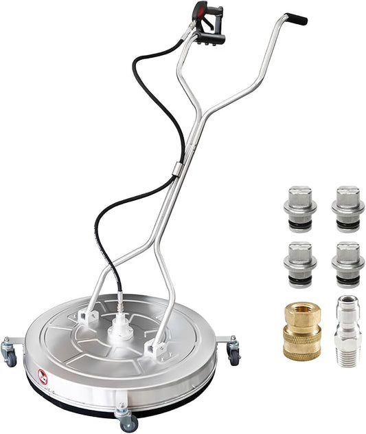 JANZ 30'' Pressure Washer Surface Cleaner with 4 Wheels,Dual Handle,Stainless Steel Housing, 2 Hose Adapters and 4 Replacement Nozzle Cores,Ideal for Driveways, Sidewalks,Patios,Decks Cleaning