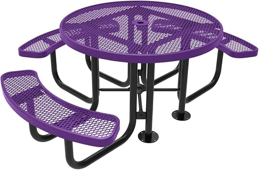 Heavy-Duty Portable Outdoor Picnic Table with Umbrella Hole, Expanded Metal Patio Dining Furniture Made in America (46" Round Top, Textured Purple)
