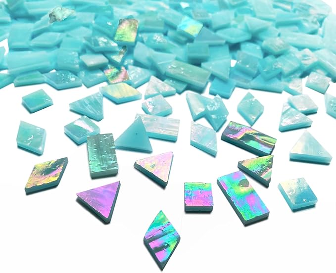Iridescent Aqua Stained Glass Mosaic Tiles, 280 Pieces Mixed 4 Shapes Stained Glass Supplies for Mosaic Projects