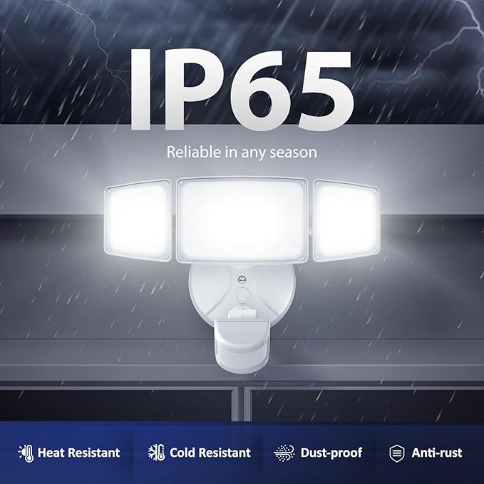 Onforu 3 Pack 65W LED Motion Sensor Outdoor Lights, Security Light Motion Outdoor Flood Light Fixture Detection Detector, 3 Adjustable Heads 6500LM 6500K IP65 Waterproof Exterior Garage Yard (White)