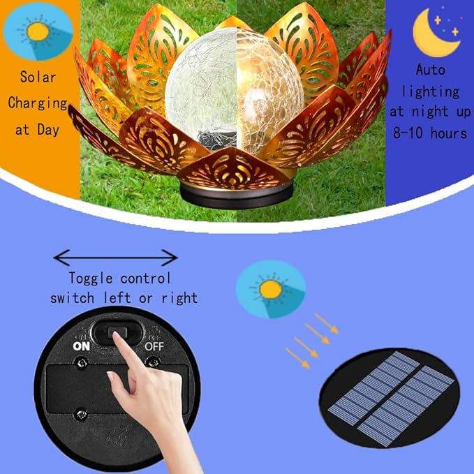 12 inches Solar Lights Outdoor Garden, Crackle Globe Glass Lotus Decoration, Waterproof LED Metal Flower Lights for Patio,Lawn,Walkway,Tabletop,Ground Gardening Gifts (Copper Color)