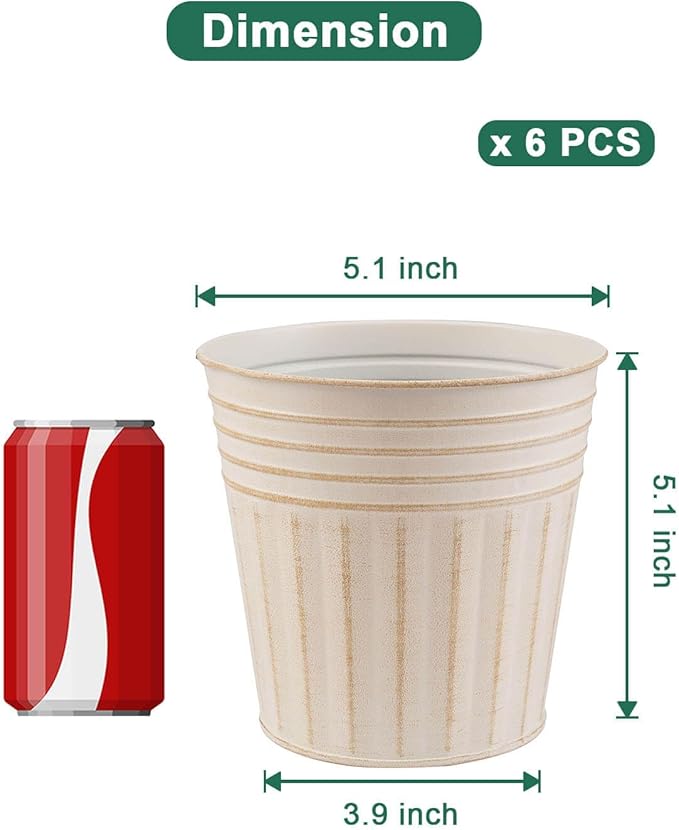 vensovo 5 Inches Beige Metal Rustic Flower Pots - 6 Pcs Small Galvanized Planters with Drainage Hole and Rubber Plug, Rustproof Tin Bucket Plant Pot Farmhouse Vintage Style for Decor