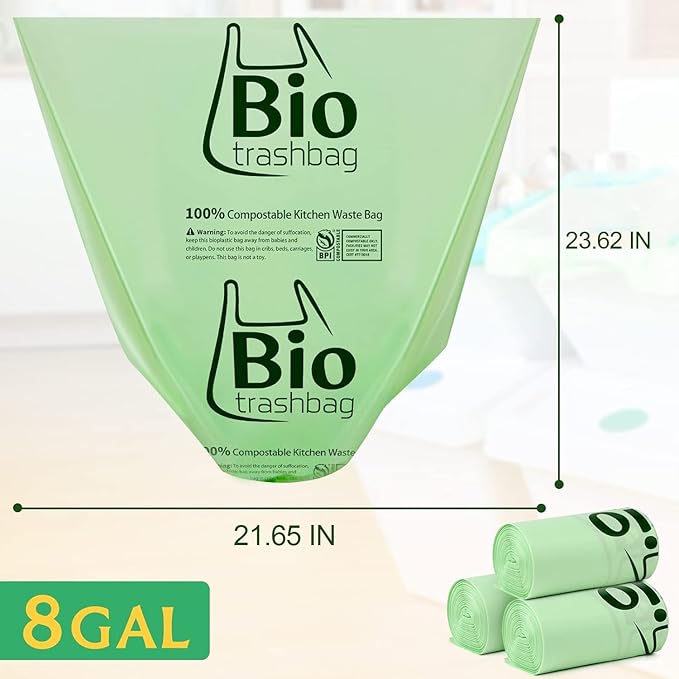 8 Gallon Compostable Trash Bags, 100 Count Flat-Top Garbage Bags Biodegradable, Medium Small Food Scrap Waste Bags for Kitchen Bathroom Office Car, US BPI and Europe OK Compost