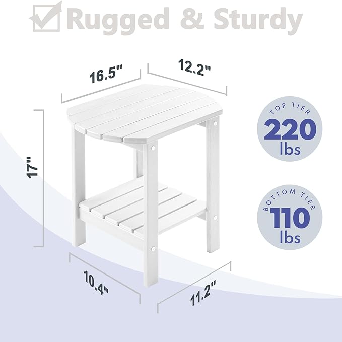 PASAMIC Outdoor Side Table, HDPE Adirondack Oval Side Table with 2-Tier Storage, Weather Resistant Outdoor End Table for Patio, Backyard, Pool, Indoor Companion, Beach, Easy Maintenance Table (White)