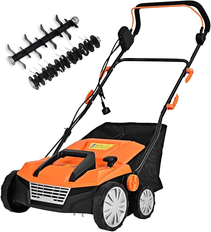 Goplus 2-in-1 Electric Corded Lawn Dethatcher with 5 Cutting Heights, 15-Inch 13 Amp Electric Scarifier w/ 13.5 Gallon Collection Bag, 2 Removable Blades for Garden Yard