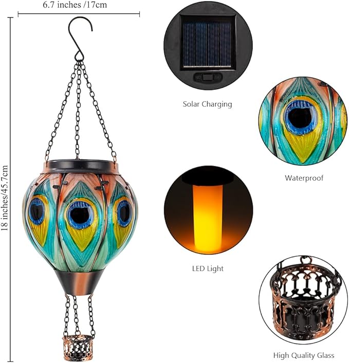 Starsoul 2 PC Peacock Hot Air Balloon Solar Lantern with Flame Glass Outdoor Hanging Hot Air Balloon Solar Light Waterproof Garden Patio Yard Party Decorations