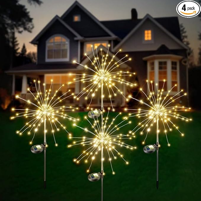Anordsem Solar Fireworks Lights for Outdoor: Garden Light Waterproof for Yard Outside Decoration-Sparkler Stick LEDs for Pathway Lawn -Twinkle Lamp Powered Walkway Stake Party 4 Pack Warm White