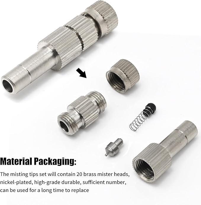 20pcs 6mm Brass Mister Nozzles with Filter, 0.006"/0.15mm Orifice Misting Nozzles for Outdoor Cooling System, Landscaping, Air Humidification, Greenhouse Irrigation