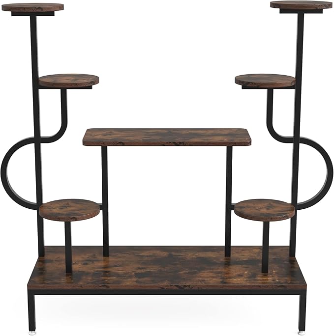 Tribesigns 8-Tier Metal Plant Stand, Large Tall Plant Shelf for Multiple Plants, Round & Square Boards, Wood Indoor Ladder Holder Flower Rack for Living Room, Patio, Balcony (Rustic Brown & Black)