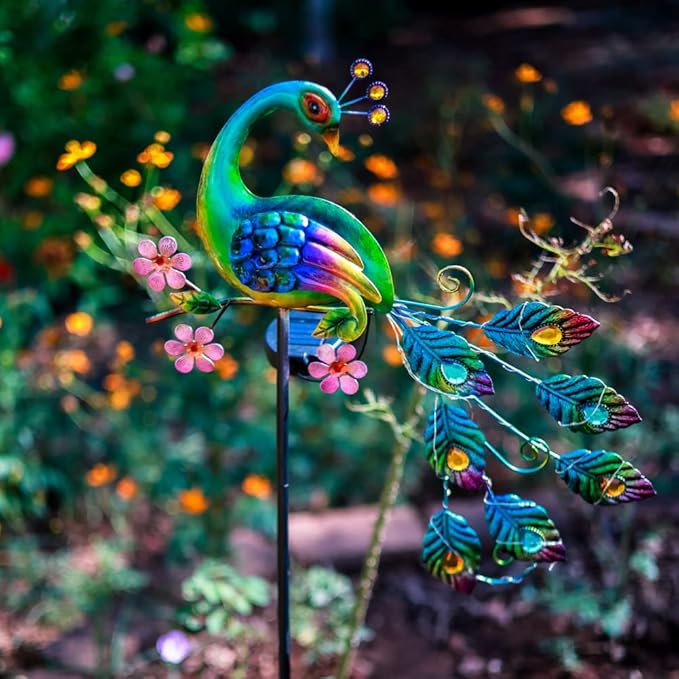 VEWOGARDEN Peacock Solar Lights Outdoor Metal Solar Garden Lights Solar Pathway Lights Outdoor Waterproof LED for Patio Lawn Yard Decorations