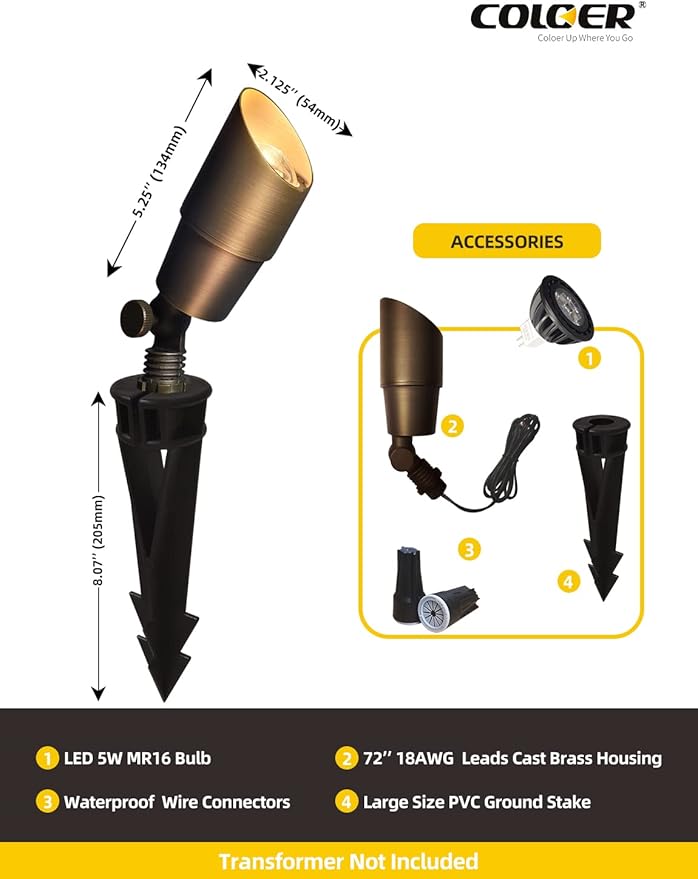 COLOER Brass Landscape Spotlights,10 Pack Spot Lights Outdoor with 5W Aluminum Housing MR16 LED Bulb 2700K 450LM,12V AC/DC Low Voltage Outdoor Lighting for Yard,Uplight for Garden and Patio(101B)