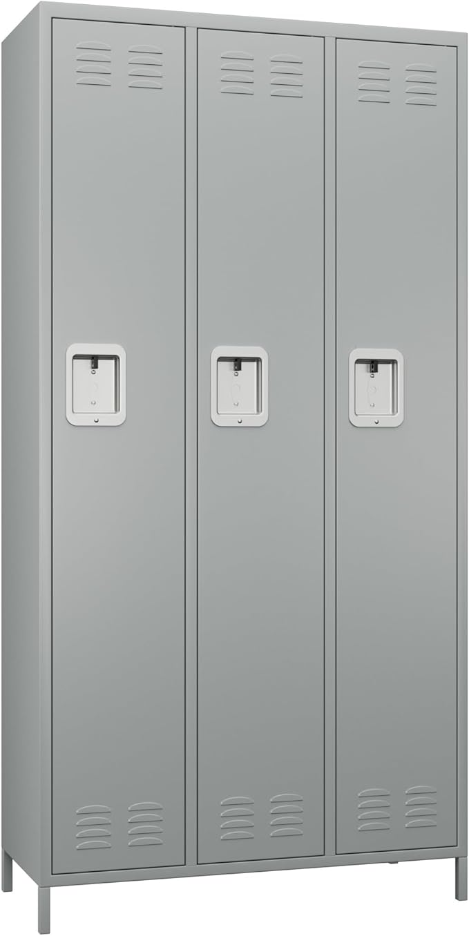 METAN Metal Locker for School Office Gym Bedroom,3 Doors Steel Storage Locker Cabinet for Employees,Industrial Storage Locker with 2 Shelves,Assembly Required (3 Door-Light Gray)