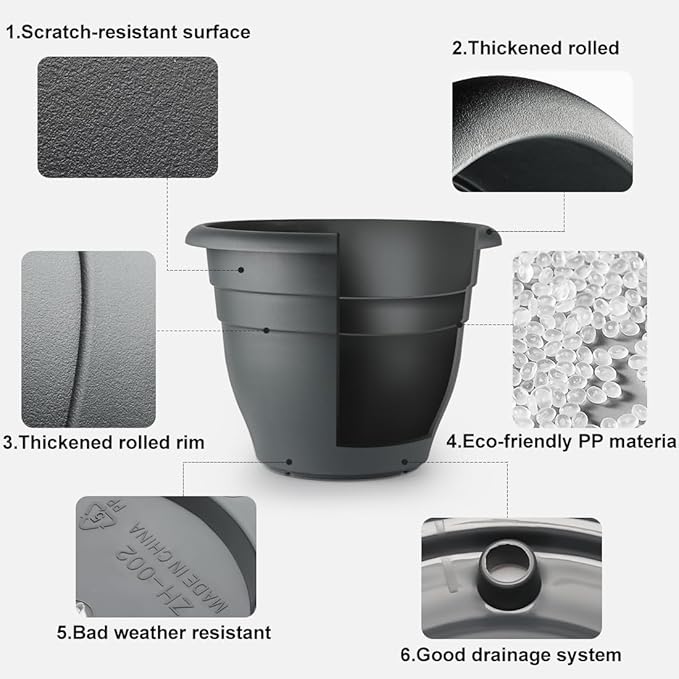 Large Plastic Pots for Plants, 16 Inch Planters for Outdoor Plants, Durable and Lightweight Flower Pots, Large Outdoor Planters(Pack of 3, Gray)