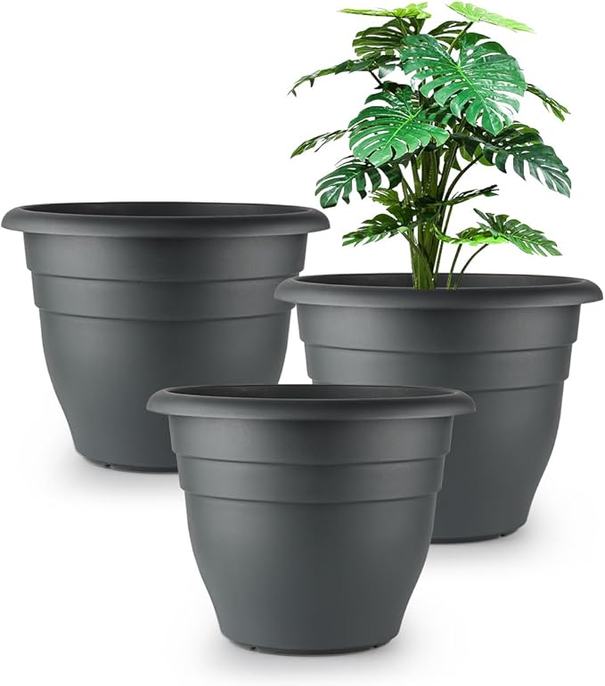 12 Inch Plant Pots, Large Planters for Outdoor Plants, Plastic Flower Pots - Durable and Lightweight with Drainage Holes (3 Packs, Gray)