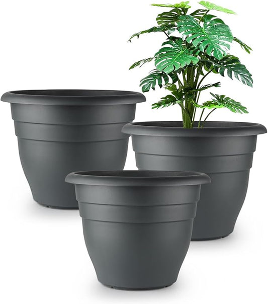 12 Inch Plant Pots, Large Planters for Outdoor Plants, Plastic Flower Pots - Durable and Lightweight with Drainage Holes (3 Packs, Gray)