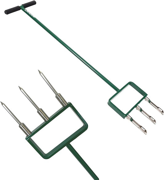 Landzie - The Original Hollow and Spike Tine Lawn Aerator Set - Includes 1 Aerator + Set of 3 Hollow Tines and 3 Spike Tines - 42 Inch Manual Stainless Steel Gardening Hand Tool