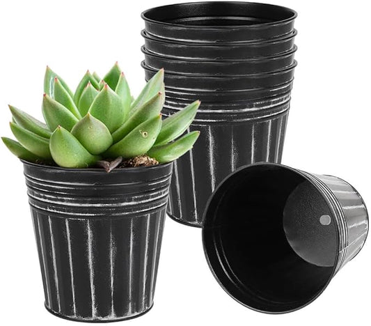 vensovo 4 Inches Black Metal Rustic Flower Pots - 6 Pcs Small Galvanized Planters with Drainage Hole and Rubber Plug, Rustproof Tin Bucket Plant Pot Farmhouse Vintage Style for Decor