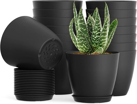 16 Pack 4 Inch Plant Pots with Drainage Holes and Saucers, Pots for Plant Indoor, Plastic Planters for Succulents and Small Plants, Black