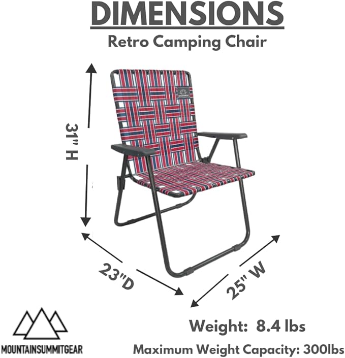 Retro Webbed Camping Chair - Lightweight, Foldable, Durable Steel Frame, 300lb Capacity, Vintage Red/Blue Stripes by Caddis Sports