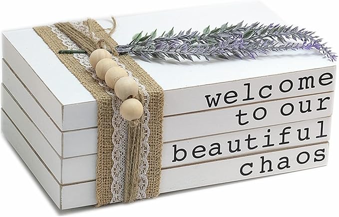 Lavender Inspired Welcome to Our Beautiful Chaos - Rustic Farmhouse Stacked Books - Set of 4 Wooden Book Bundle - Farmhouse Home Decor - Housewarming Gift