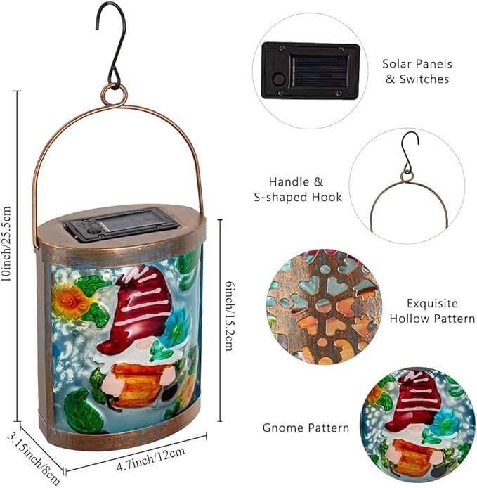 2 Pack Gnome Hanging Solar Lantern Decorative Glass LED Solar Lanterns Outdoor Waterproof for Garden Yard Patio