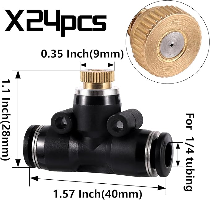 24 Pack Brass Misting Nozzles Outdoor Cooling System with 24 Heavy Duty Mister Nozzle,24 Tees,4 Brass Plugs,4 Black Plugs for Outdoor Cooling System