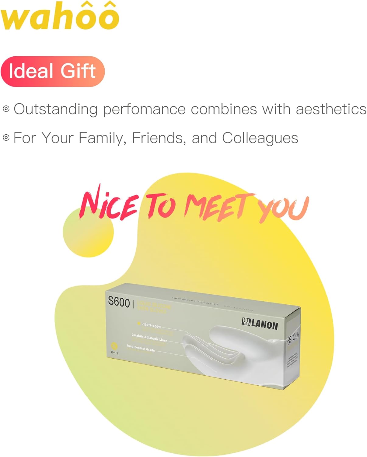 wahoo Professional Liquid Silicone Oven Mitts Gloves, Heat Resistant Gloves for Cooking, Baking, CoralAir Liner, 12 Inch, Yellow, Medium