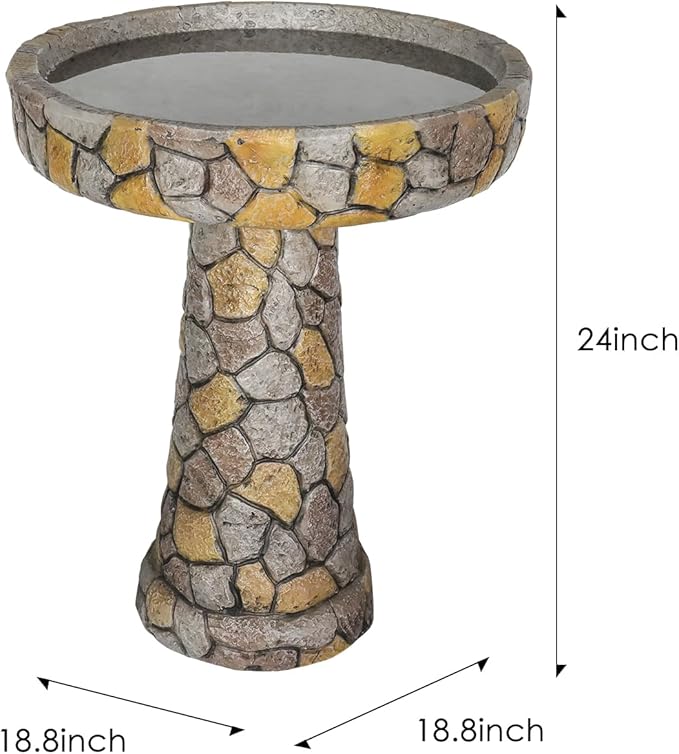 watnature Stone Like Outdoor Bird Bath - Concrete Freestanding Patio Birdbath with Pedestal for Garden, Patio, Yard, Lawn - 18.8”L X 18.8”W X 24”H Rustic Faux Stone Pedestal Outdoor Garden Birdbaths