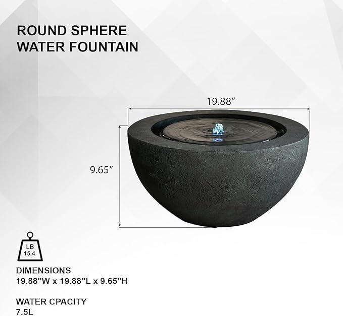 Xbrand 19.8" W Round Polyresin Indoor/Outdoor Sphere Water Bowl w/LED Light, Patio Water Fountain Decor, Dark Green, AMS3542-2