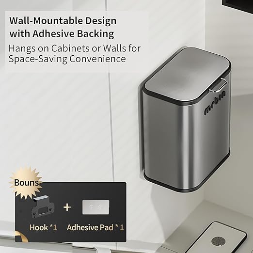 MRBIN Kitchen Stainless Steel Compost Bin with Lid Countertop, 6l / 1.6gal Small Indoor Hanging Trash Can for Cabinet Door, Small Under Sink Food Scraps Garbage Pail, Eclipse-Grey